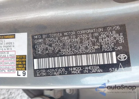 2005 Toyota Prius from USA, damaged, VIN JTDKB20U753029504